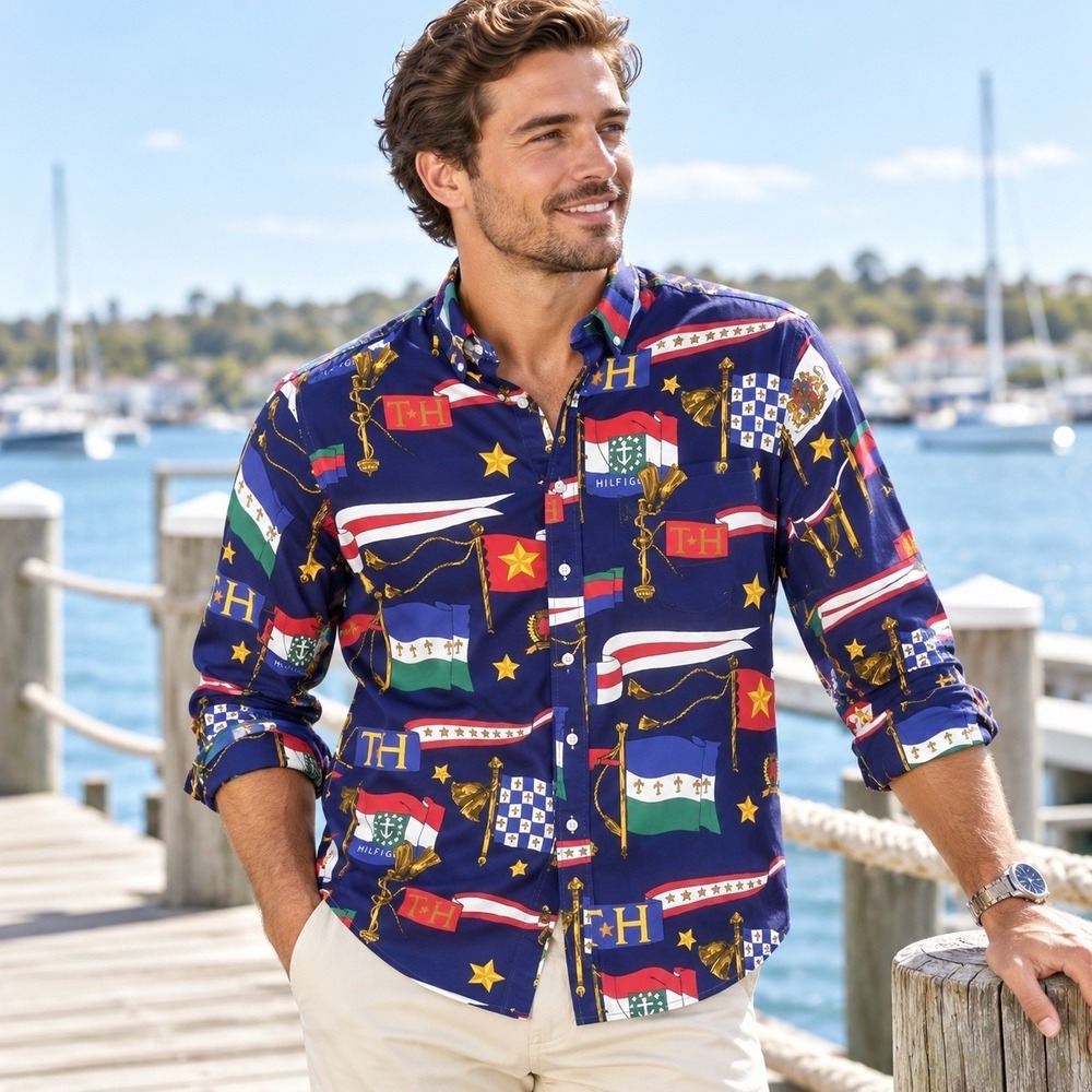 Tommy Hilfiger Shirt Men's XL Vintage Nautical 90s Preppy Coastal Long Sleeve